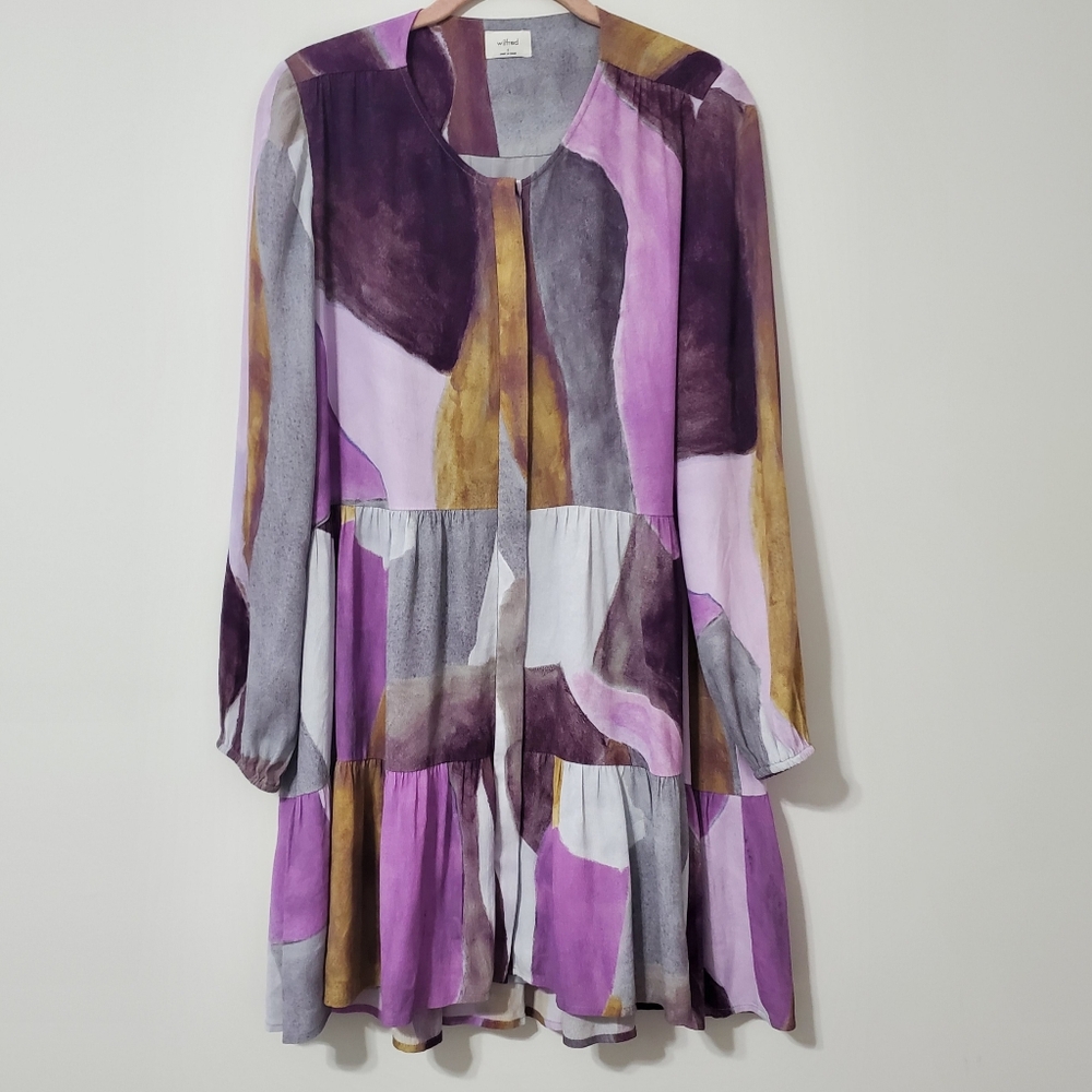 Wilfred Aritzia Barossa Tiered Silk Mini Dress Purple Gray Small